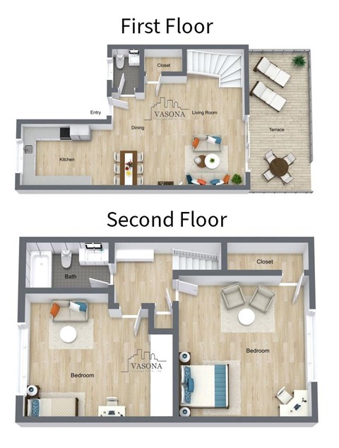 Floor plan for 2 beds, 1.5 baths, 860 sqft